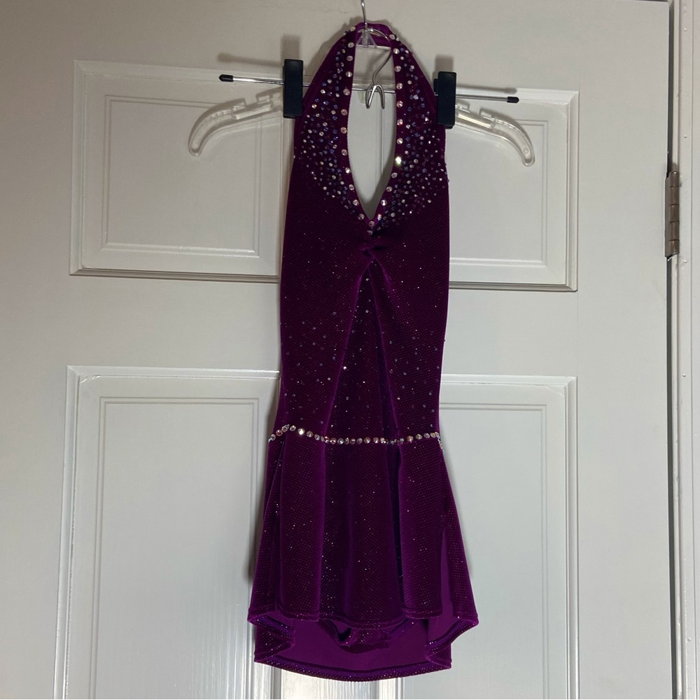 Magenta halter figure skating dress with Swarovski beading